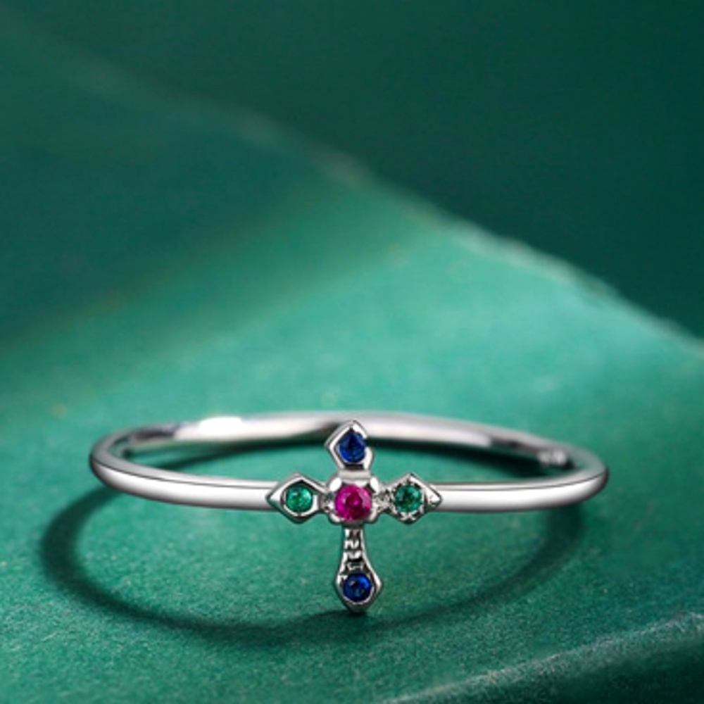 925 Sterling Silver Colorful Tiny Cross Ring Sz 6, 7